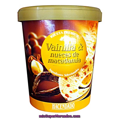 Helado Bote  Vainilla Nueces Macadamia Receta Premium, Hacendado, Bote 500 Cc