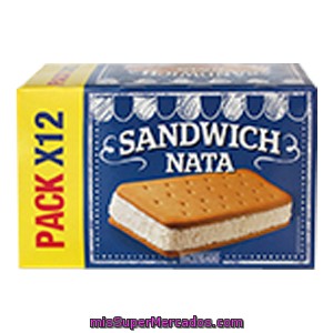 Helado Sandwich Nata ***tamaño Ahorro***, Hacendado, Caja 12 U - 1200 Cc