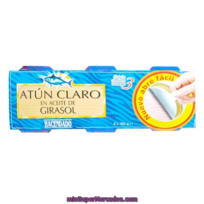 Atun Claro Aceite Girasol Omega 3 ( Abre Fácil Solapin), Hacendado, Lata Pack 3 U -555 G Escurrido 429 G