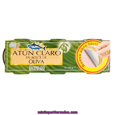 Atun Claro Aceite Oliva (abre Facil Solapin), Hacendado, Lata Pack 3 U - 240 G Escurrido 180 G