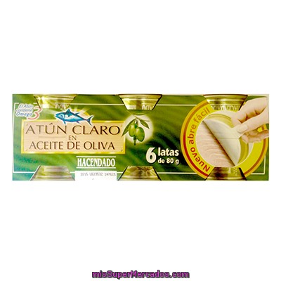 Atun Claro Aceite Oliva (abre Facil Solapin), Hacendado, Lata Pack  6 U - 480 G Escurrido 360 G