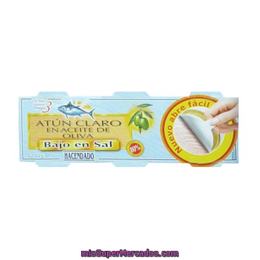 Atun Claro Aceite Oliva Bajo En Sal (abre Facil Solapin), Hacendado, Lata Pack 3 U - 240 G Escurrido 156 G