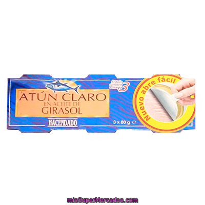 Atun Claro Aceite Vegetal Girasol (abre Facil Solapin), Hacendado, Lata Pack 3 U - 240 G Escurrido 168 G