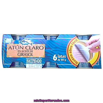 Atun Claro Aceite Vegetal Girasol (abre Facil Solapin), Hacendado, Lata Pack 6 U - 480 G Escurrido 336 G