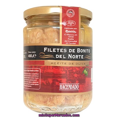 Bonito Norte Aceite Oliva Filete, Hacendado, Tarro 400 G Escurrido 280 G