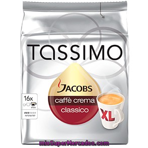 Cafe capsula (compatible cafetera tassimo) jacobs xl crema, tassimo,  paquete 16 u - 132.80 g, precio actualizado en todos los supers