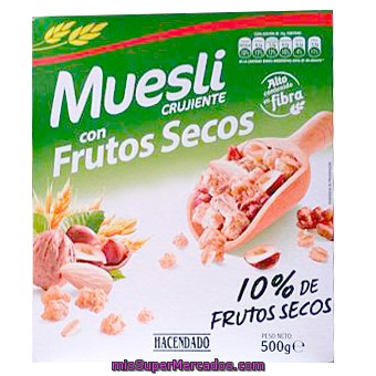Cereal Muesli Crujiente Frutos Secos, Hacendado, Bolsa 500 G