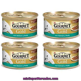 Comida Gato Bocaditos Salsa  Delicias De Salmon Y Pollo, Gourmet Gold, Lata Pack 4 X 85 G - 340 G