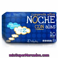 Compresa Absorcion Noche Suave  Ultra Plegada Alas, Deliplus, Paquete 10 U