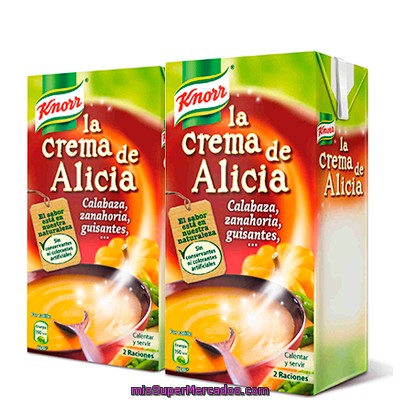 Crema Liquida Alicia ( Calabaza,zanahoria ,guisantes) ***pack Ahorro***, Knorr, Brick Pack 2 X 500 Cc - 1 L