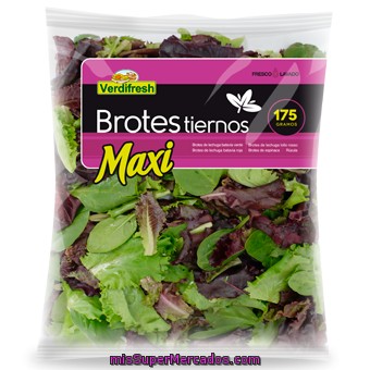 Ensalada Brotes Tiernos Maxi (lechuga Batavia, Lollo Rossa, Espinaca, Rucula), Verdifresh, Paquete 175 G