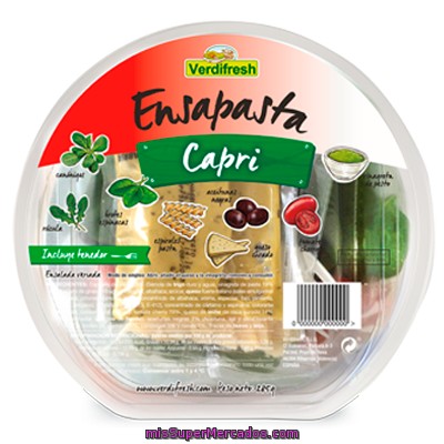 Ensalada Ensapasta Capri(canonigos,rucula,espinacas,espirales Pasta, Aceitunas Negras,queso Curado,tomate Cherry,vinagreta  Pesto,tenedor), Verdifresh, Tarrina 285 G