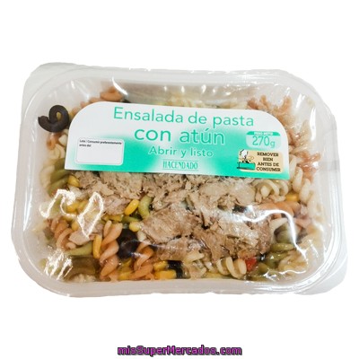 Ensalada Pasta Refrigerada (espirales Con Atun,maiz Y Aceitunas Negras), Hacendado, Bandeja 270 G