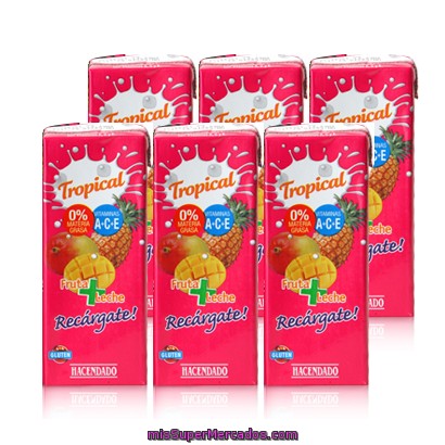 Frutas+leche Tropical (brick Rosa) ***le Recomendamos***, Hacendado, Minibrick Pack 6 X 200 Cc - 1200 Cc