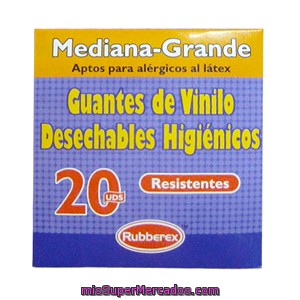 Guantes desechables vinilo talla mediana / grande, rubberex, 20 u, precio actualizado en los supers