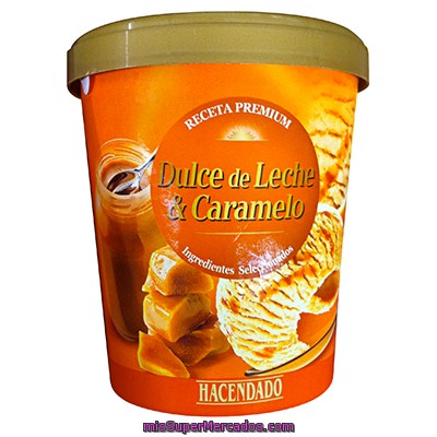 Helado Bote Dulce De Leche Y Salsa Caramelo Receta Premium, Hacendado, Bote 500 Cc
