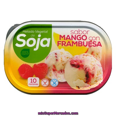 Helado Tarrina Soja 100 % Vegetal Sabor Mango Con Frambuesa, Producto Recomendado, Tarrina 10 Raciones - 1 L