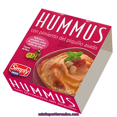 Hummus Con Pimiento Piquillo Asado (crema Garbanzos Con Aceite De Oliva), Simply Greek, Tarrina 240 G