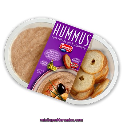 Hummus (crema Garbanzos) Con Tostadas Snack Mediterraneo, Simply Greek, Tarrina 150 G