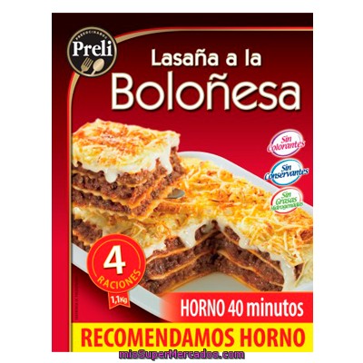 Lasaña Boloñesa 4 Raciones Congelada, Preli, Paquete 1100 G