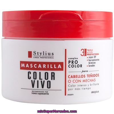 Mascarilla Cabello Color Vivo Triple Accion Protectora Stylius, Deliplus, Tarro 300 Cc