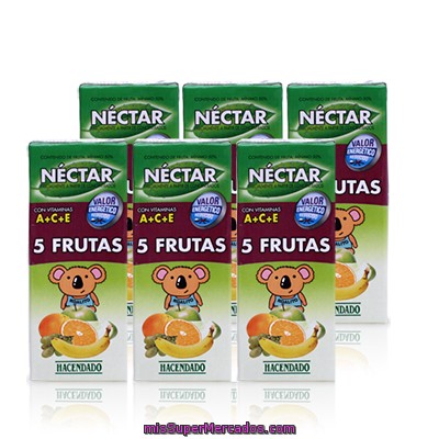 Nectar 5 Frutas (platano, Naranja , Mandarina , Uva Y Manzana), Hacendado, Minibrick 6 X 200 Cc - 1200 Cc