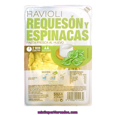 Pasta Fresca Ravioli Requeson Y Espinacas, Saula, Tarrina 250 G