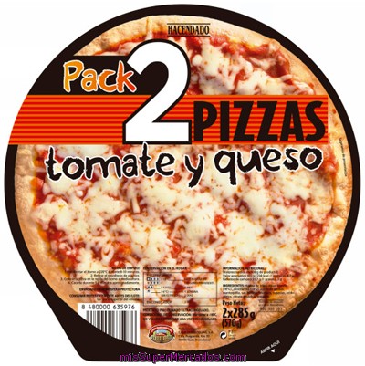 Pizza Congelada Tomate Y Queso, Hacendado, Pack-2 U -570 G