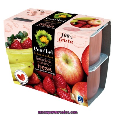 Pom'bel Compota De Manzana, Fresa Y Plátano 100% Fruta Pack 4 Tarrina 100 G