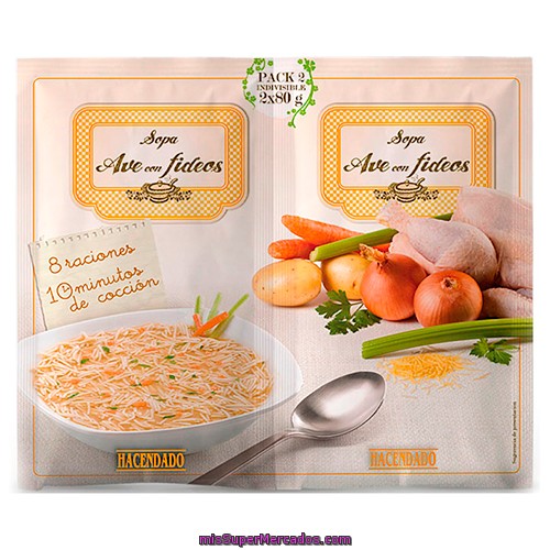 Sopa Deshidratada Ave Fideos, Hacendado, Pack Sobres 2 X 80 G - 160 G