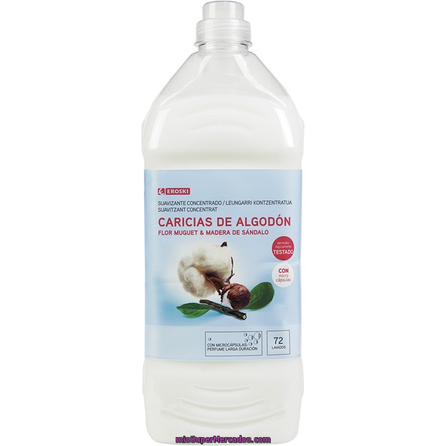 Suavizante Conc. Caricias De Algodón Eroski, Botella 72 Dosis