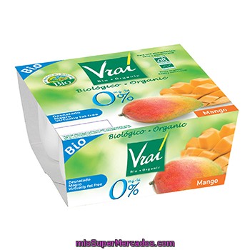 Vrai Yogur Desnatado 0% Sabor Mango Ecológico Pack 4 Unidades 100 G