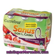 Yogur Líquido Sanus Sabor Fresa 0% + L.casei Carrefour Pack 6x100 G.